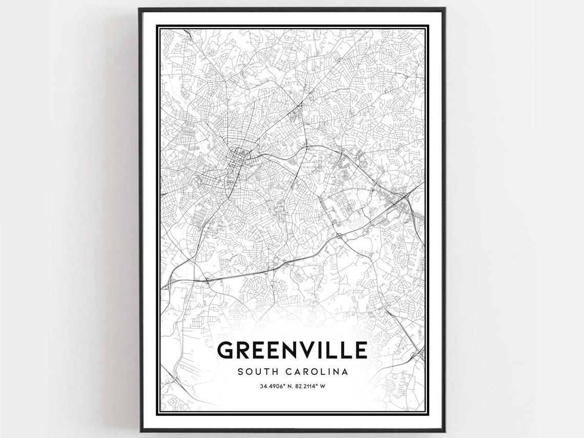 Greenville South Carolina Street Map Minimalist Black and White City Poster
