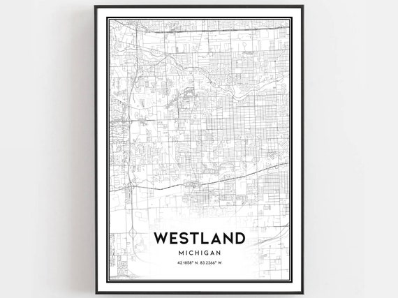 Westland Map Print Poster Wall Art Mi City Michigan Street Decor Road Gift B994