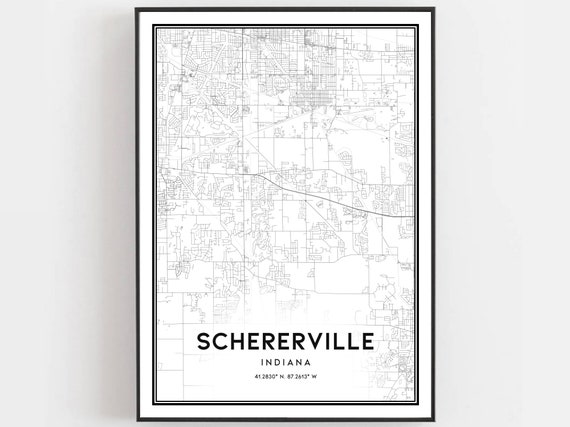 Schererville Map Print Poster Wall Art In City Indiana Street Decor Road Gift B1962
