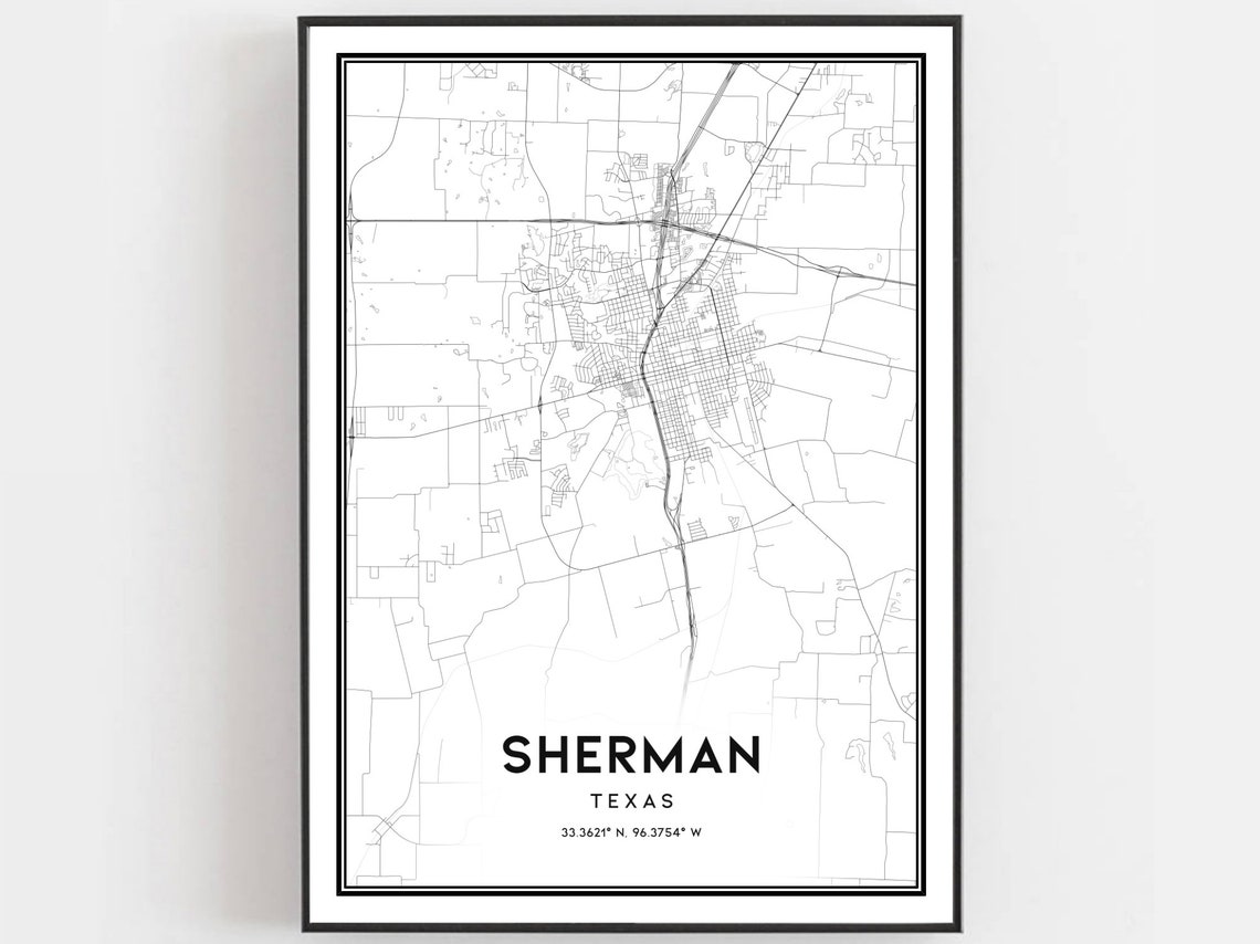 Sherman Texas Street Map Poster with Printed Coordinates Gift