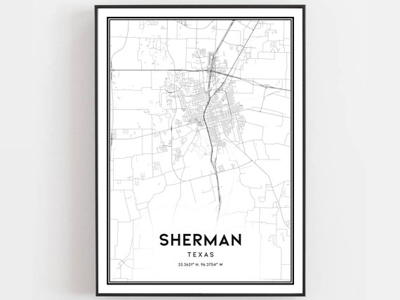 Sherman Map Print Poster Wall Art Tx City Texas Street Decor Road Gift B1152