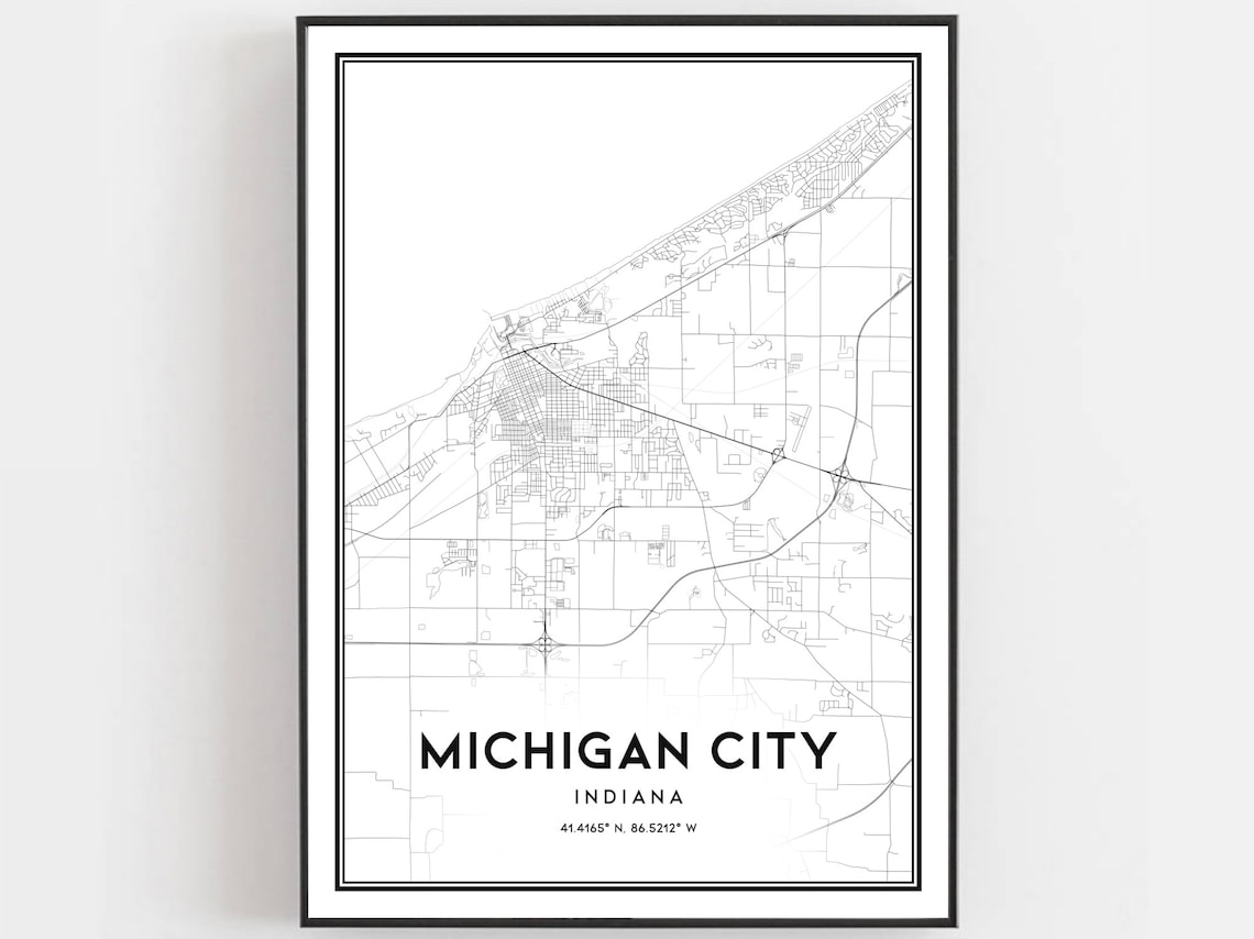 Michigan City Map Print, Indiana Travel Poster