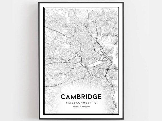 Cambridge Map Print Poster Wall Art Ma City Massachusetts Street Decor Road Gift B826