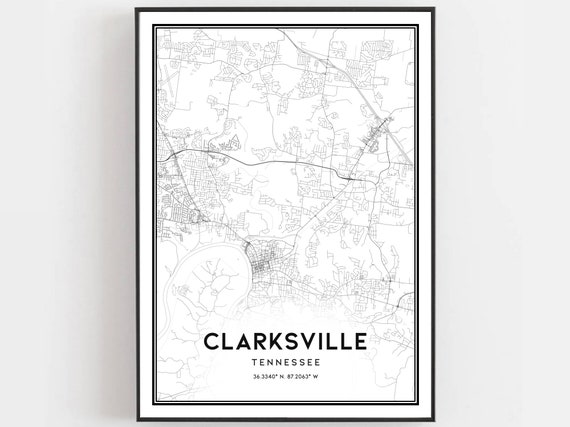 Clarksville Map Print Poster Wall Art Tn City Tennessee Street Decor Road Gift B643