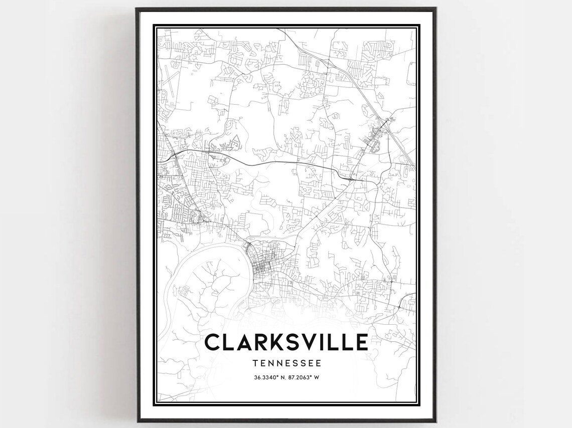 Clarksville Tennessee City Street Map Poster Minimalist Wall Decor Modern Gift