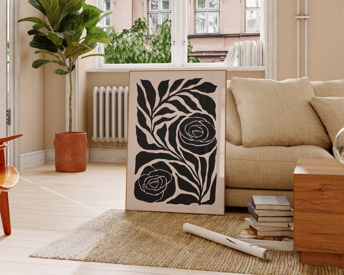 Black Roses and Leaves Bold Floral Silhouette Abstract Poster