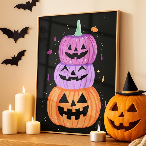 Stacked Jack O Lanterns Halloween Purple Orange Pumpkin Fall Autumn Poster Print October Painting Wall Art