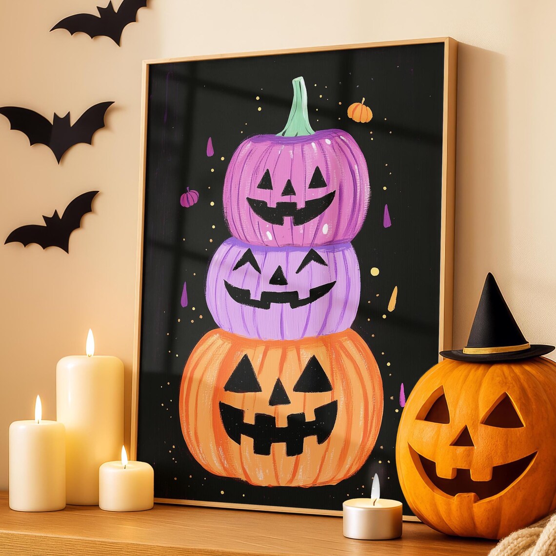 Stacked Jack O Lanterns Painting Pink Purple Orange Pumpkin Halloween Poster