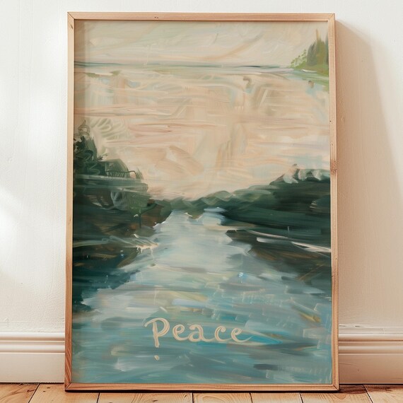 Peace Word Watercolor River Landscape Soft Blue Green Art Poster