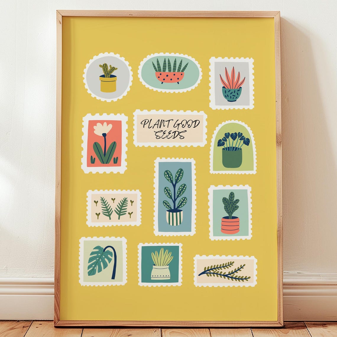 Plant Good Seeds Houseplant Stamp Collage Yellow Botanical Poster