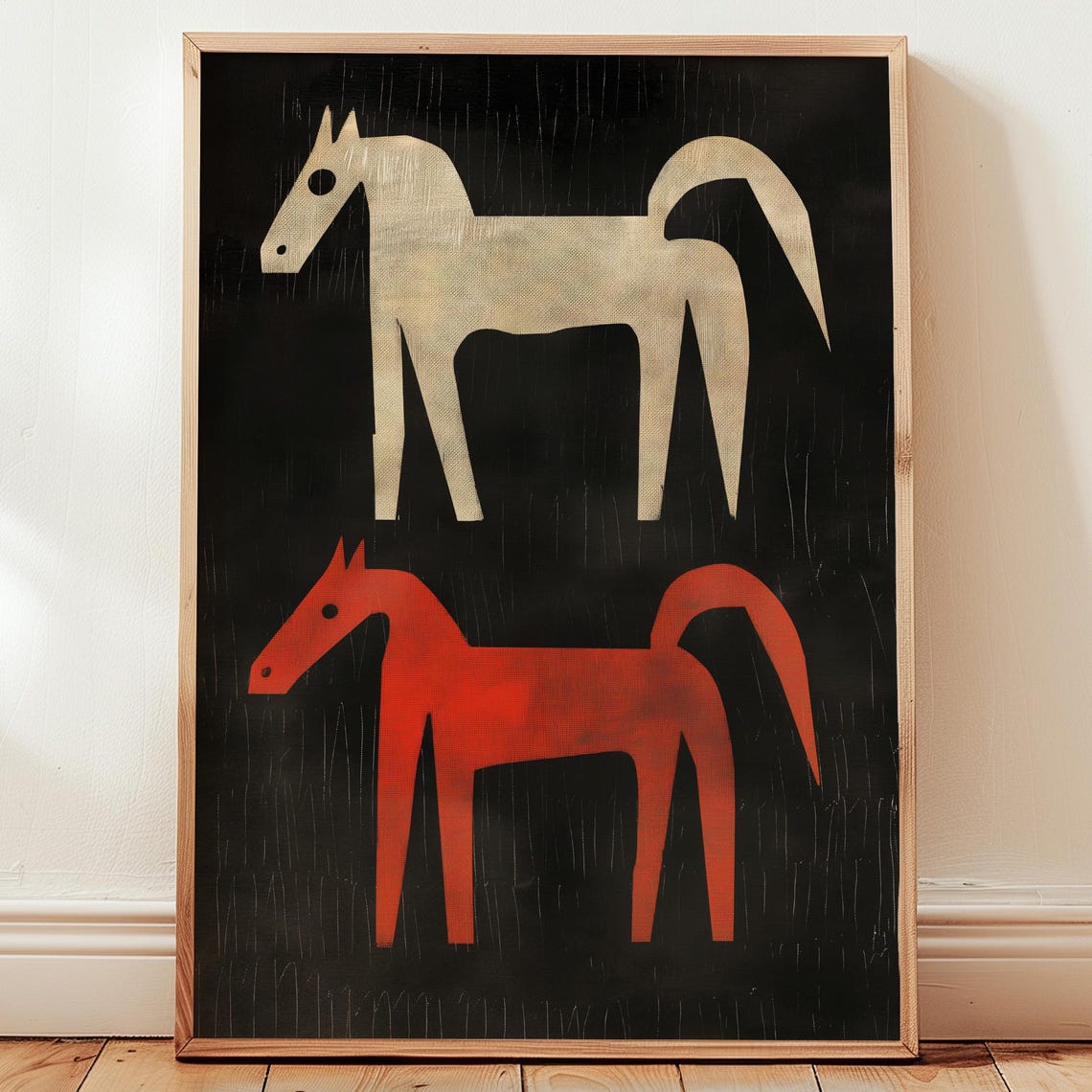 Two Abstract Horses Red and White Folk Art on Black Wall Art