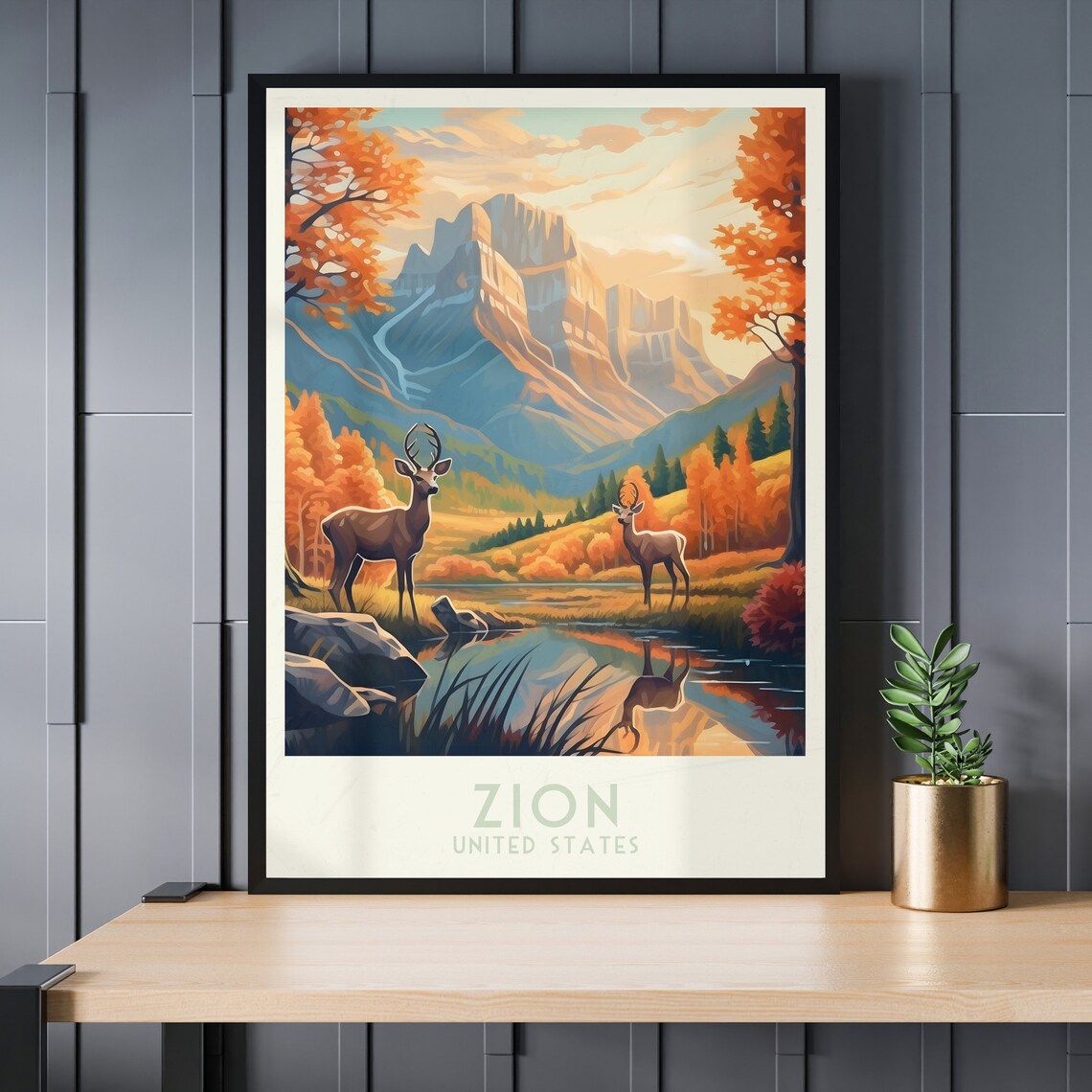 Zion National Park Deer Pond Autumn Canyon Scene Vintage Travel Poster - Image 3