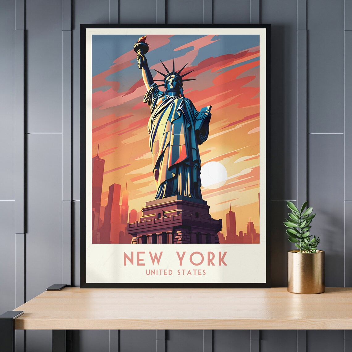 New York Statue of Liberty Fiery Sunset Vintage Travel Poster - Image 3
