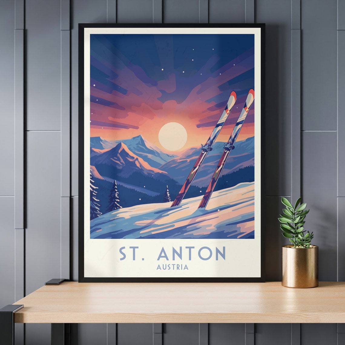 St Anton Austria Skis Stuck in Snow Sunset Mountain View Poster - Image 3