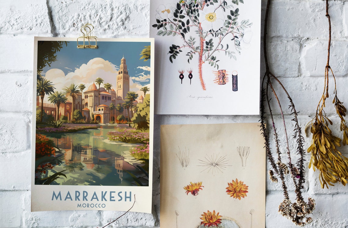 Marrakesh Koutoubia Mosque Garden Reflection Vintage Travel Poster - Image 4