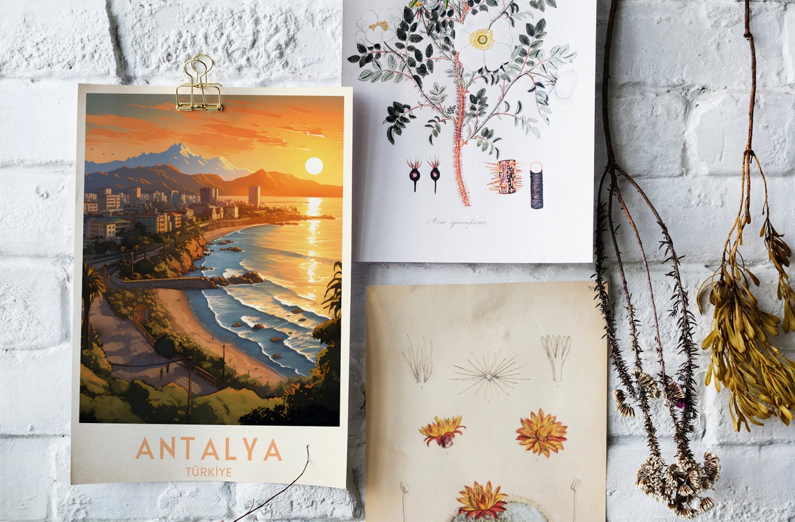 Antalya Coastal Sunset Beach Mountains Vintage Turkey Travel Poster - Image 4