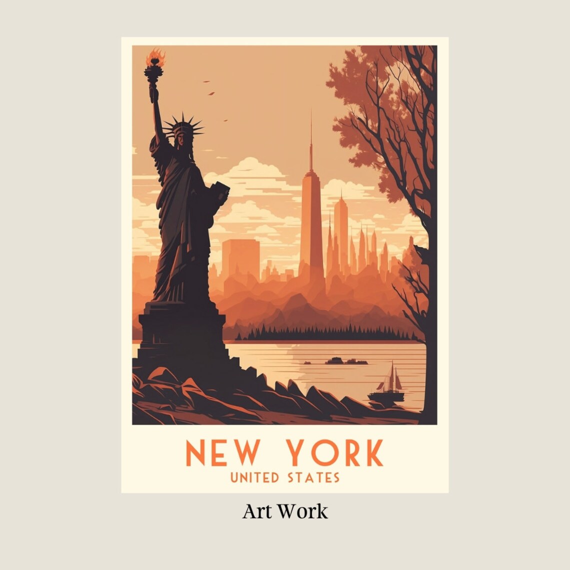 New York Statue of Liberty Sunset Vintage Retro Travel Poster