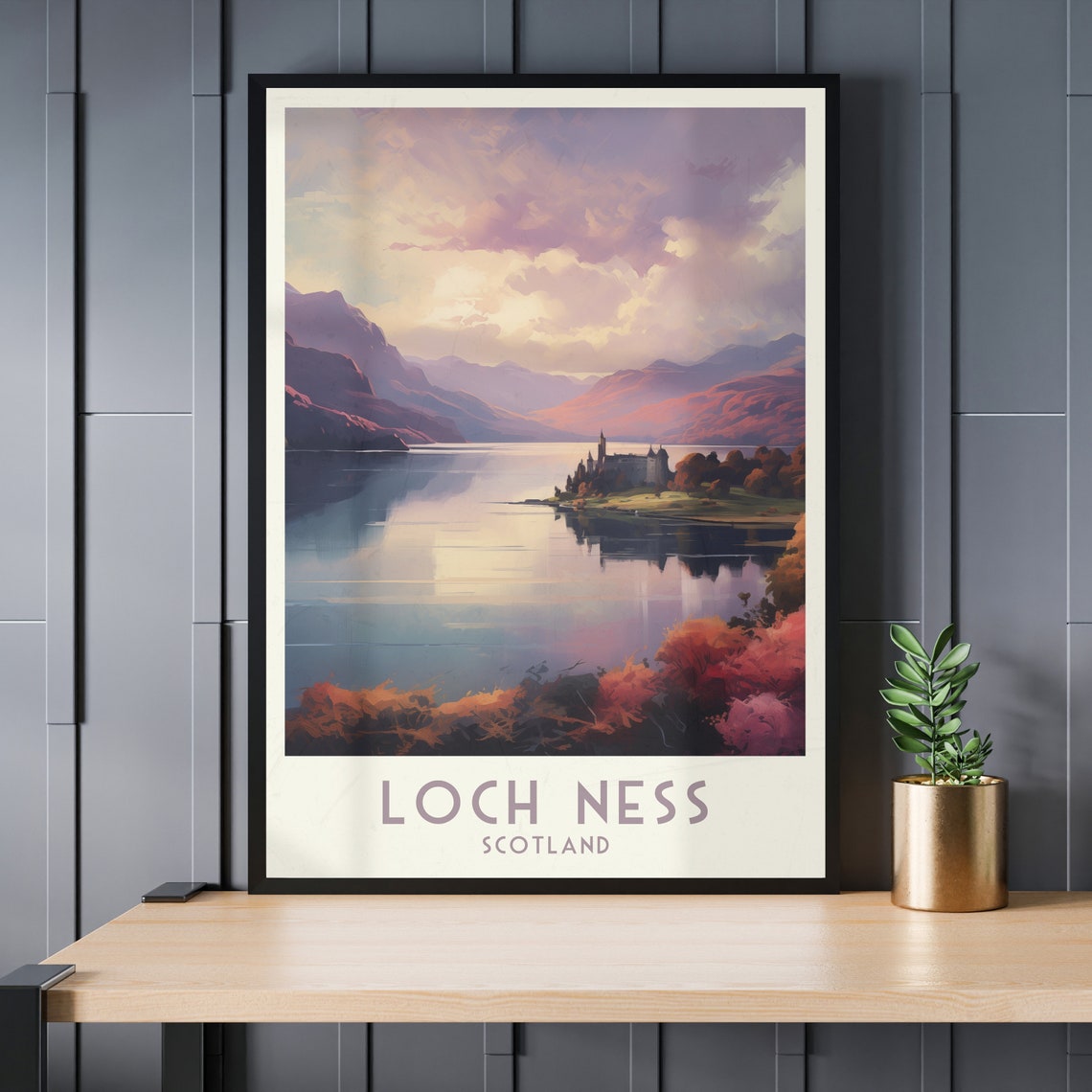 Loch Ness Scotland Castle Shoreline Purple Dusk Mirror Poster - Image 3