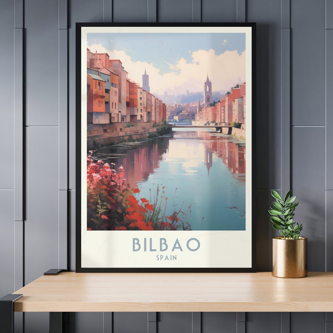 Bilbao Spain Riverside Old Town Bridge Scene Vintage Travel Poster - Image 3