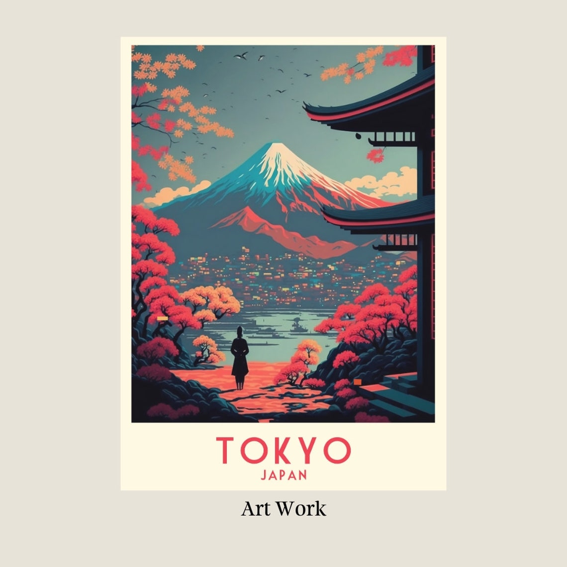 Tokyo Mount Fuji Pagoda Cherry Blossom Retro Japan Travel Poster