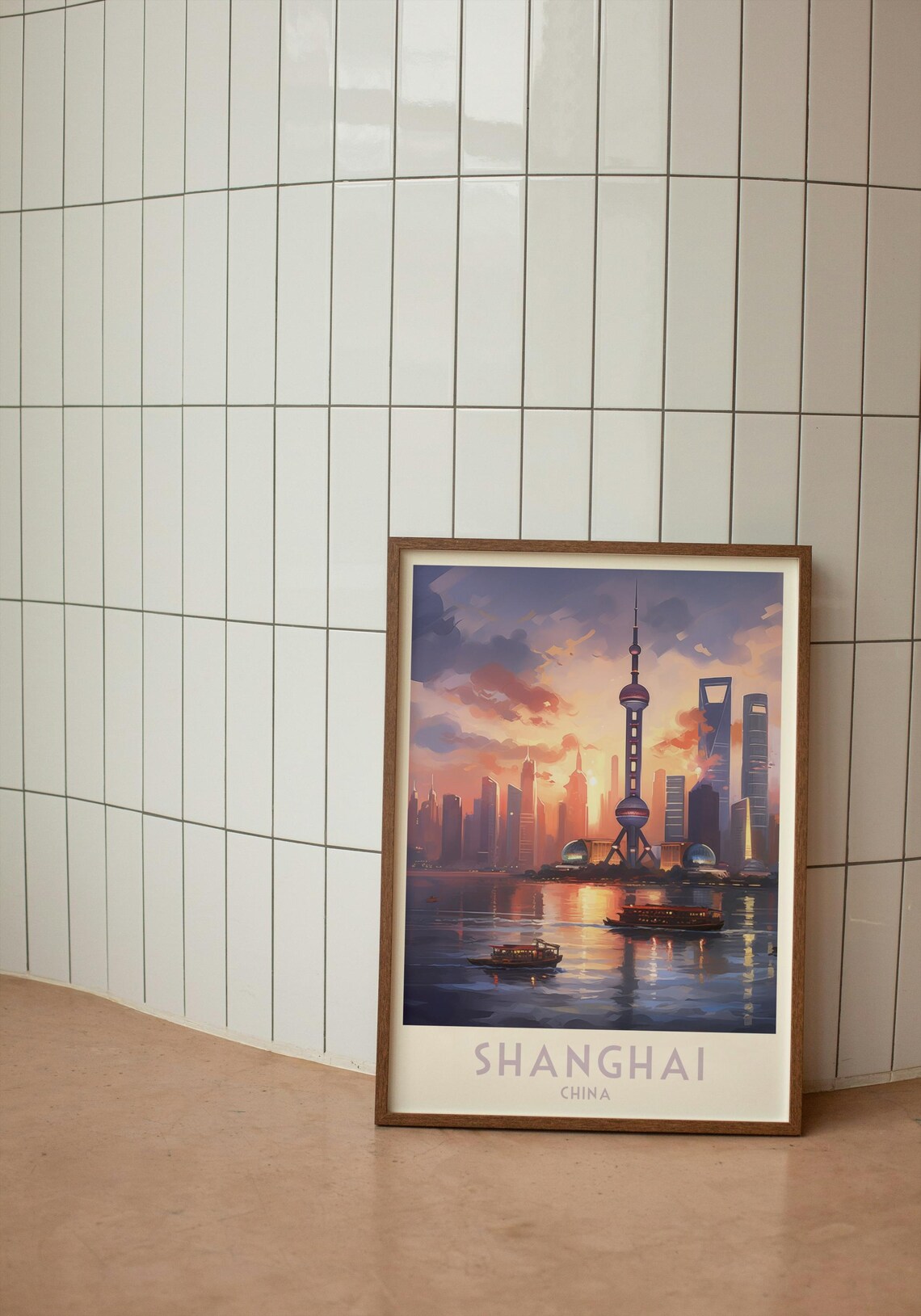 Shanghai China Pudong Skyline Sunset River Boats Travel Poster - Image 3
