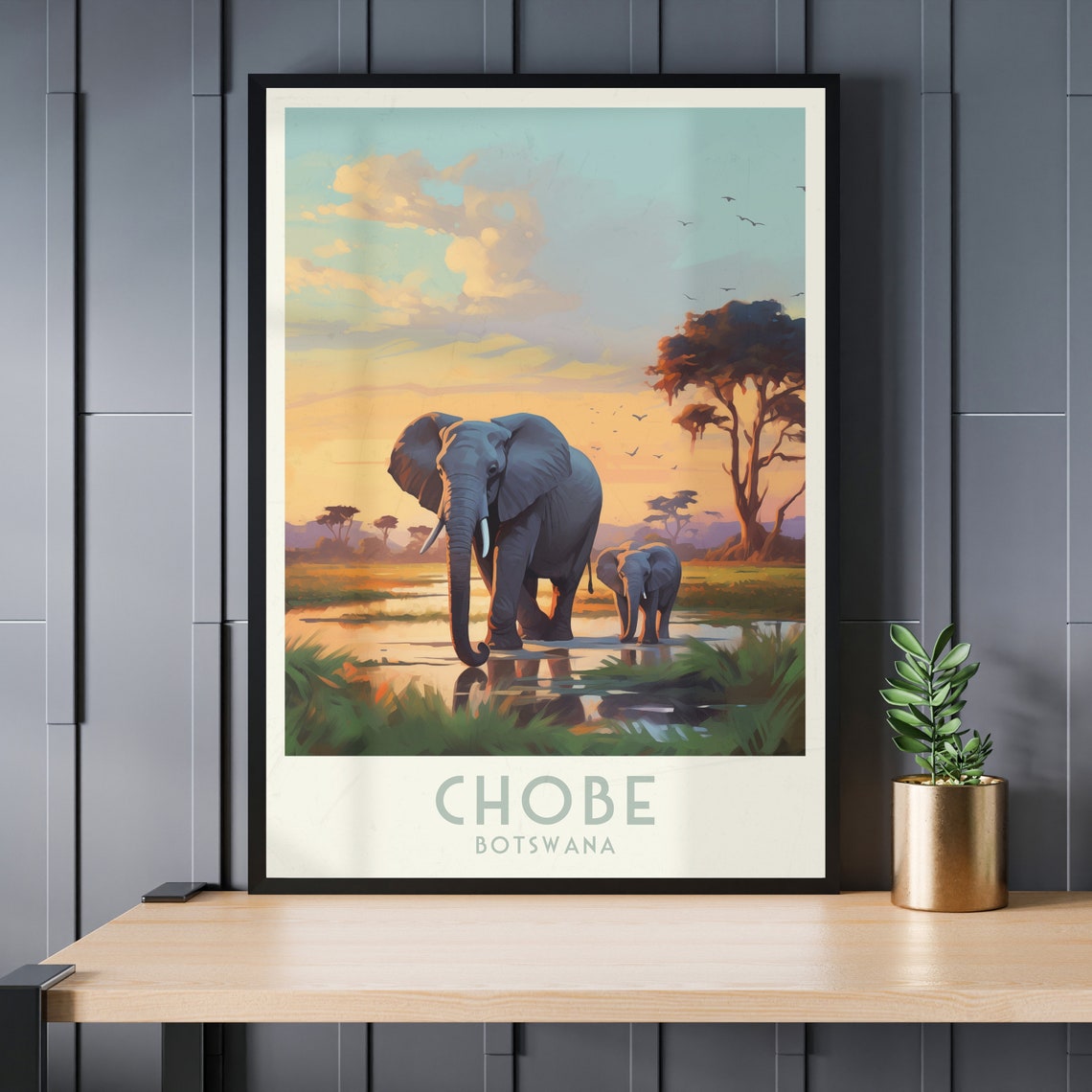Chobe Botswana Poster with Elephants Wading in Water at Sunset - Image 3