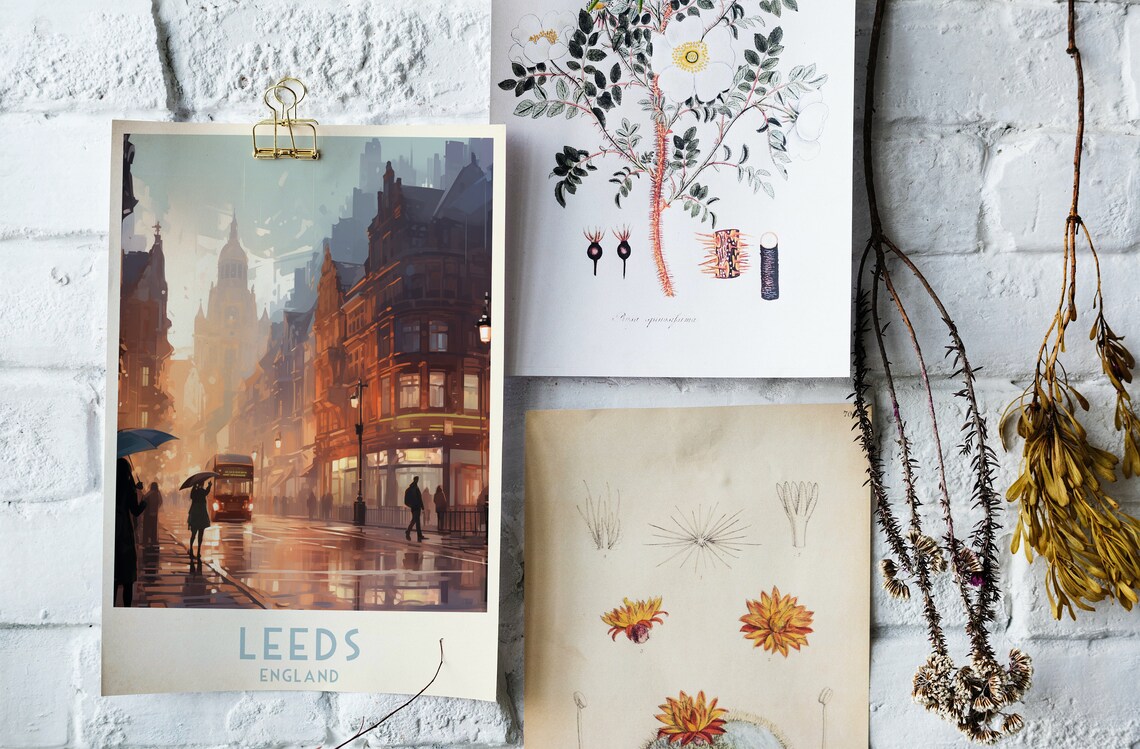 Leeds England Rainy Street Red Bus Golden Evening Travel Poster - Image 4