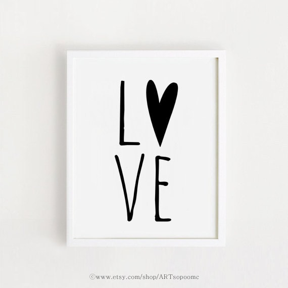 Minimalist Love Heart Black and White Typography Nursery Art Poster