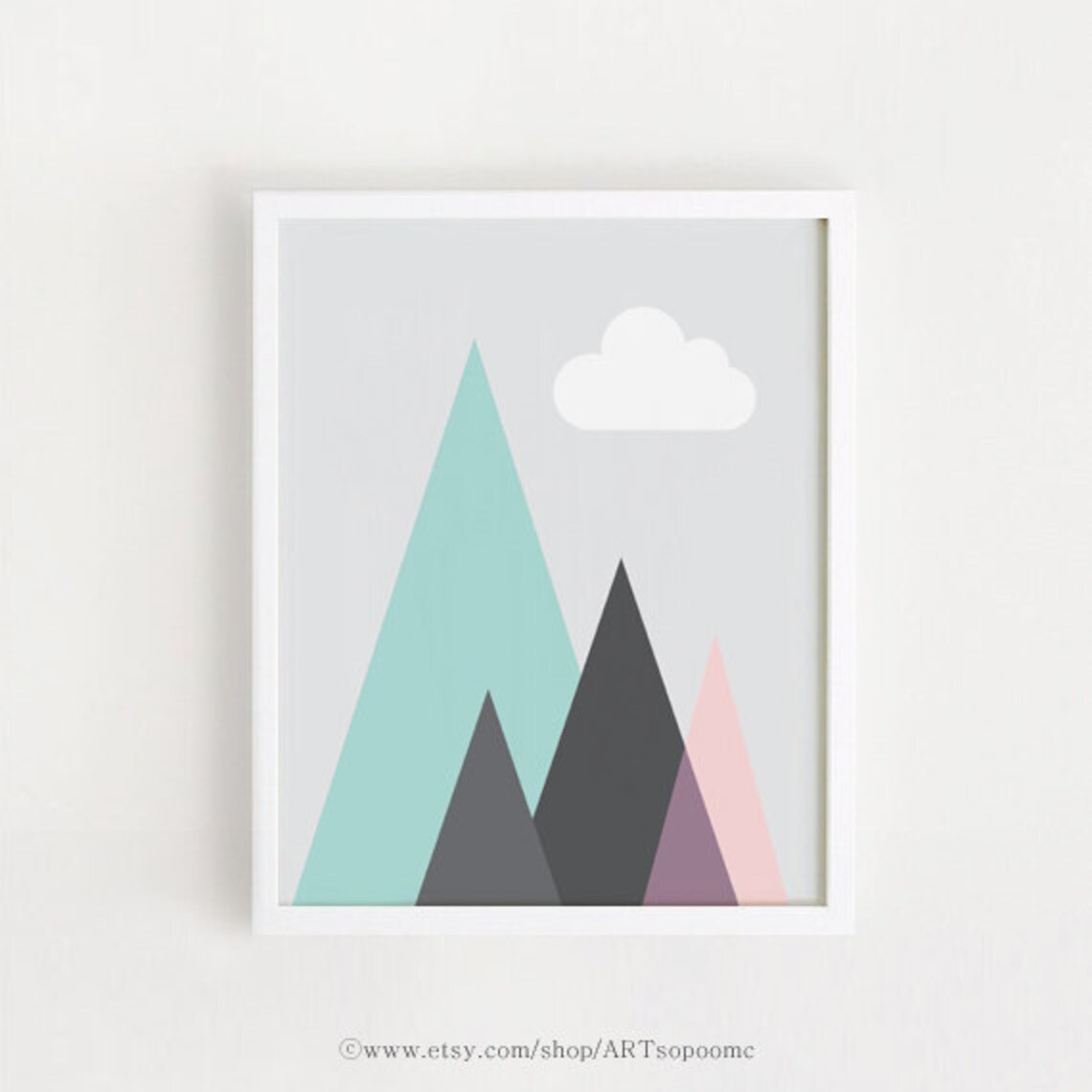Geometric Mountain Nursery Art Print, Triangle Clouds