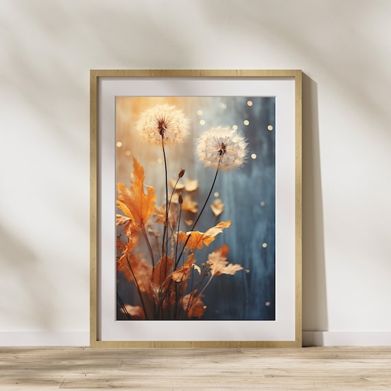 Dandelion Seed Heads Autumn Leaves Golden Bokeh Nature Print