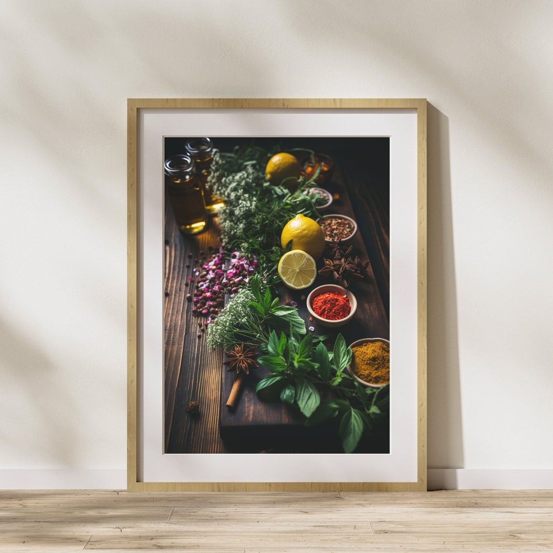 Moody Herbs Lemons Spices Oils Rustic Dark Wood Still Life Poster