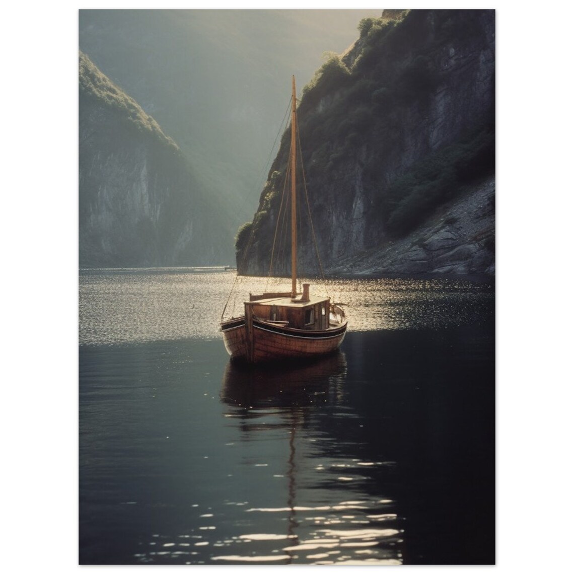 Wooden Sailboat Misty Fjord Calm Water Vintage Nautical Poster - Image 2