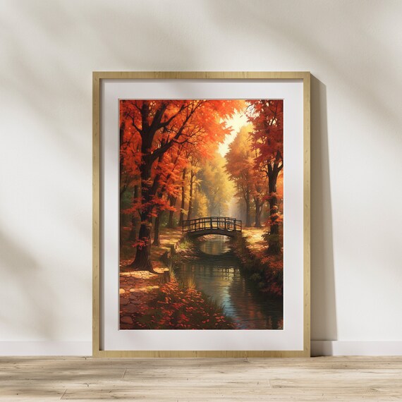 Autumn Bridge Over Canal Fiery Fall Trees Cozy Landscape Painting Poster