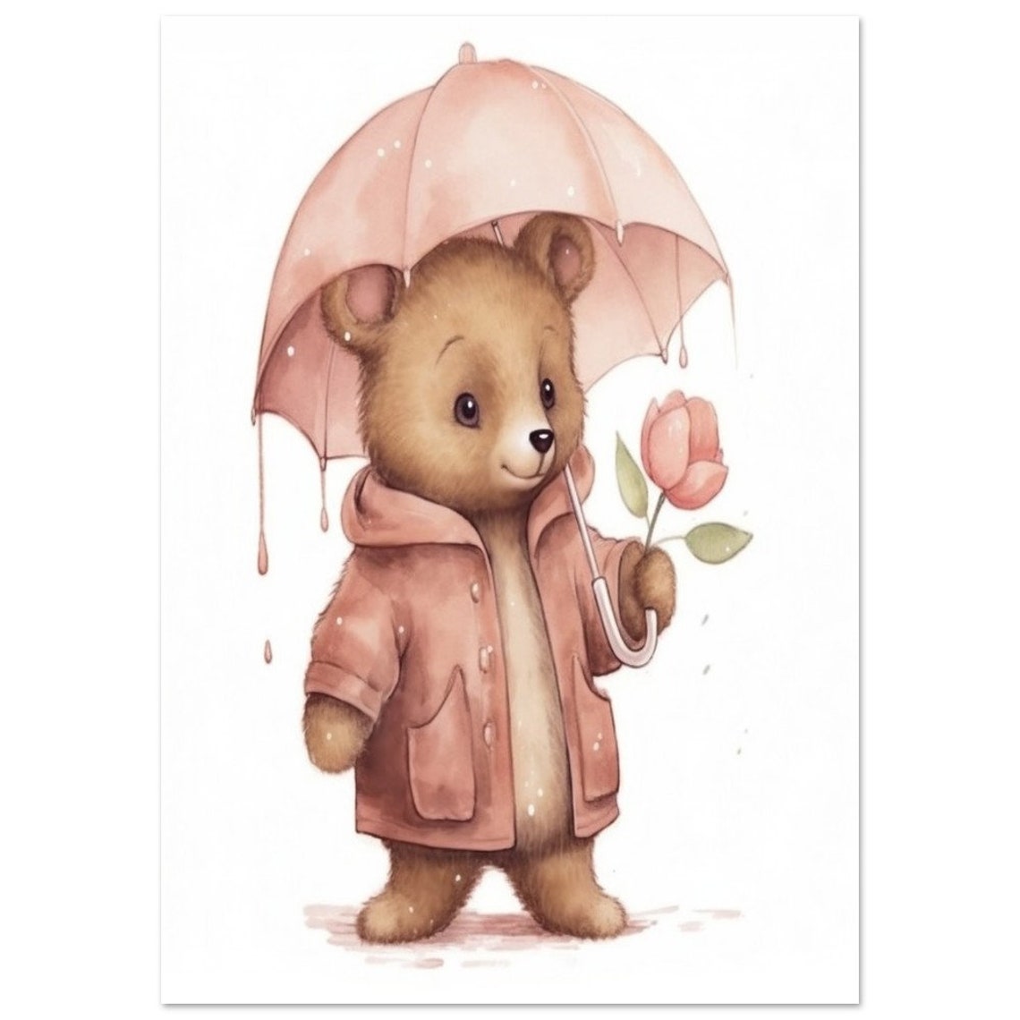 Teddy Bear Pink Raincoat Umbrella Tulip Watercolor Nursery Poster - Image 2