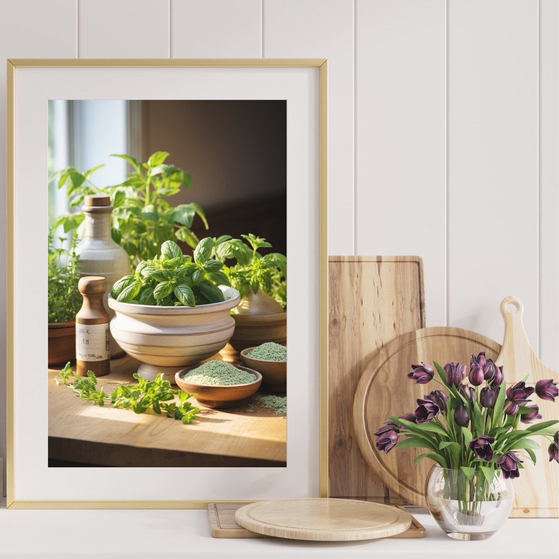 Sunlit Kitchen Herbs Basil Still Life Wooden Table Art Poster - Image 4