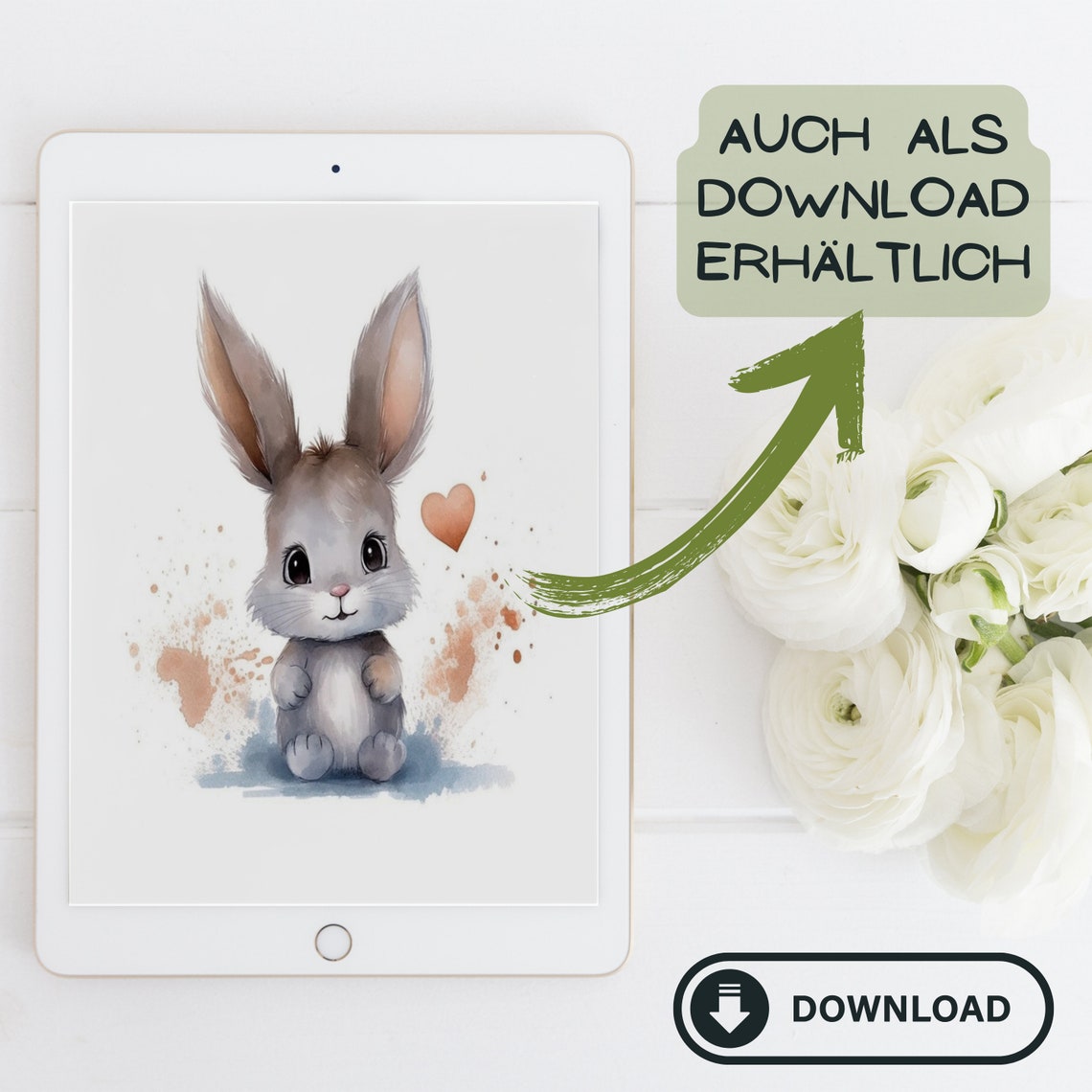 Sweet Cute Grey Bunny Rabbit with Heart Watercolor Nursery Poster - Image 2