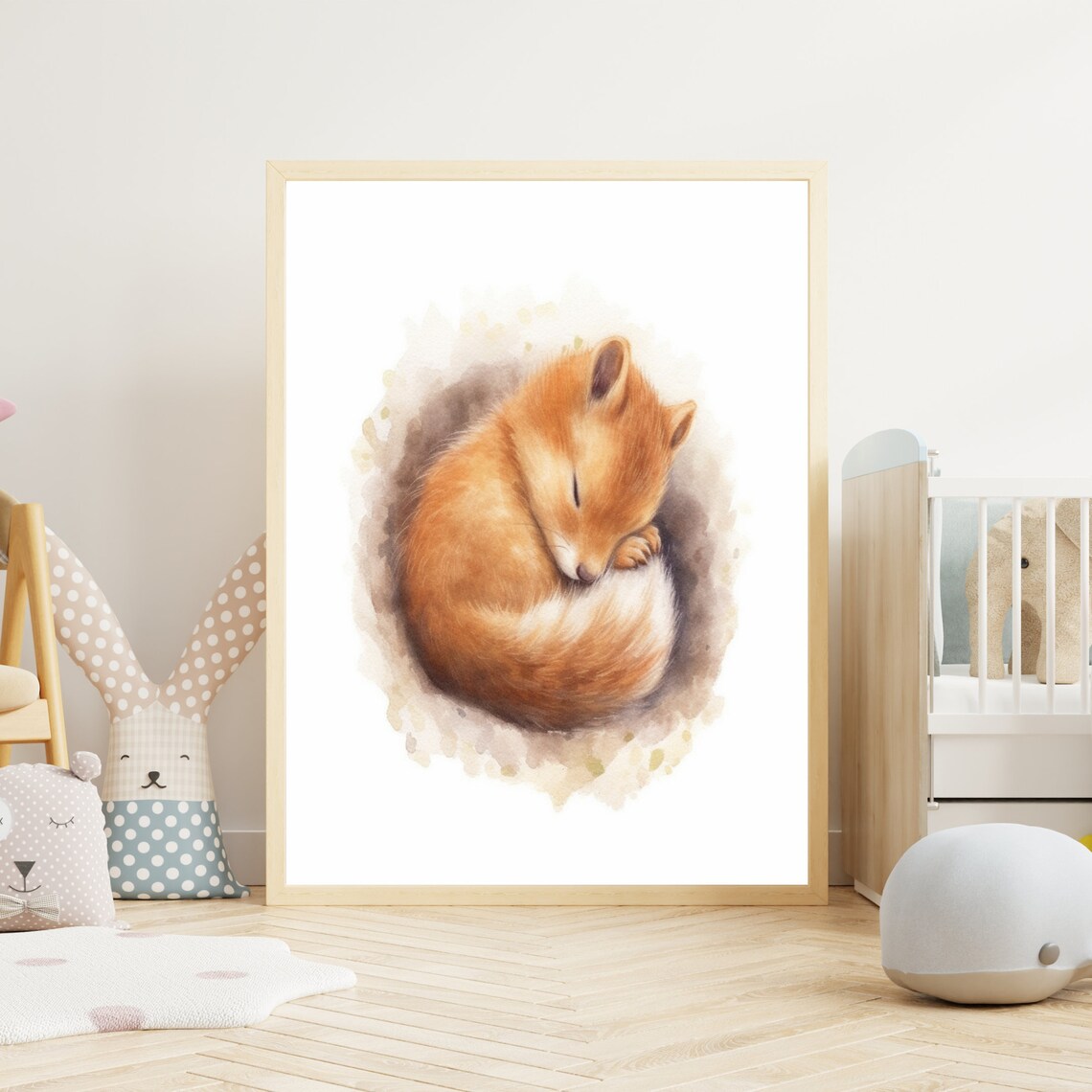 Sweet Sleeping Baby Fox Curled Up Woodland Watercolor Nursery Poster