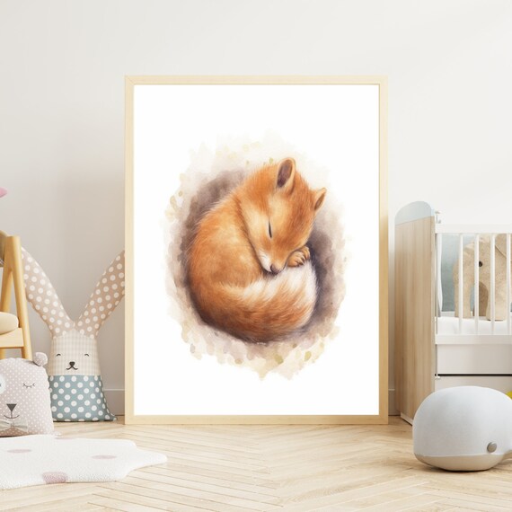 Sweet Sleeping Baby Fox Curled Up Woodland Watercolor Nursery Poster