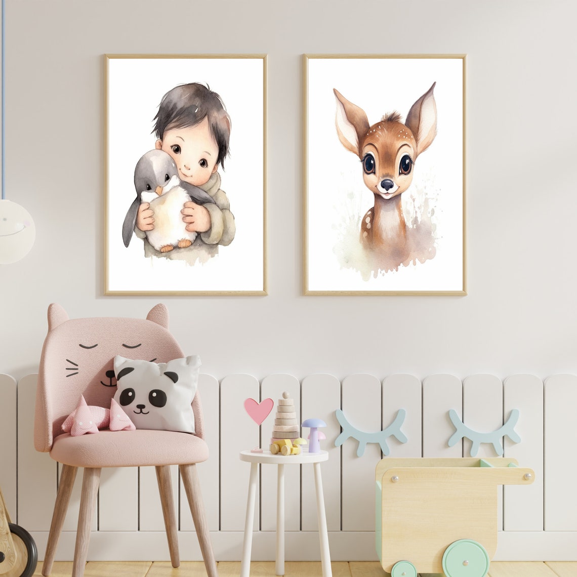 Sweet Child Hugging Baby Penguin Watercolor Nursery Art Poster - Image 3