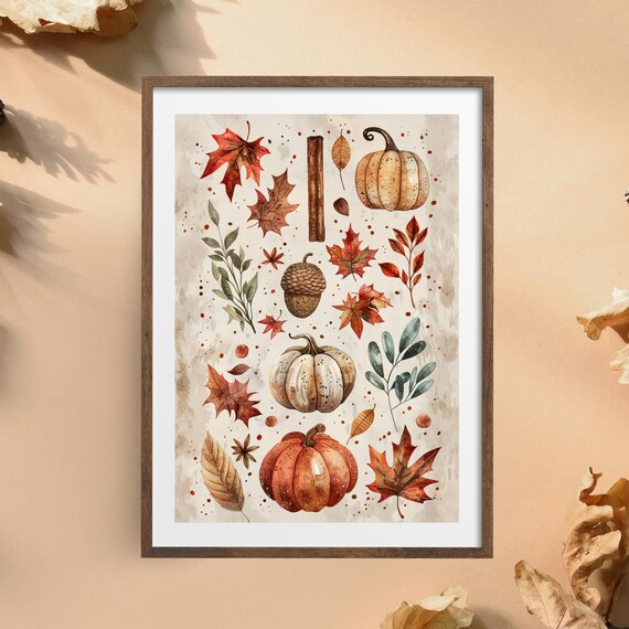Autumn Leaves Pumpkins And Acorns Watercolour Fall Pattern Poster