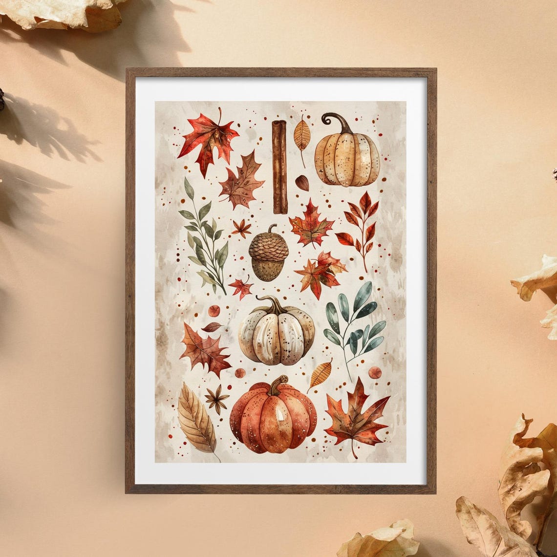 Autumn Leaves Pumpkins And Acorns Watercolour Fall Pattern Poster