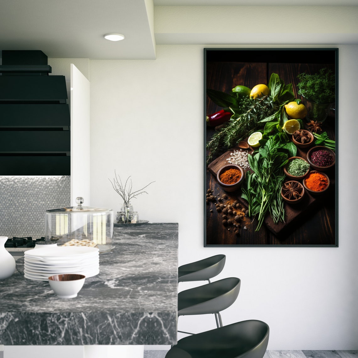 Moody Herbs Citrus Spices Peppercorns Dark Wood Kitchen Poster - Image 3