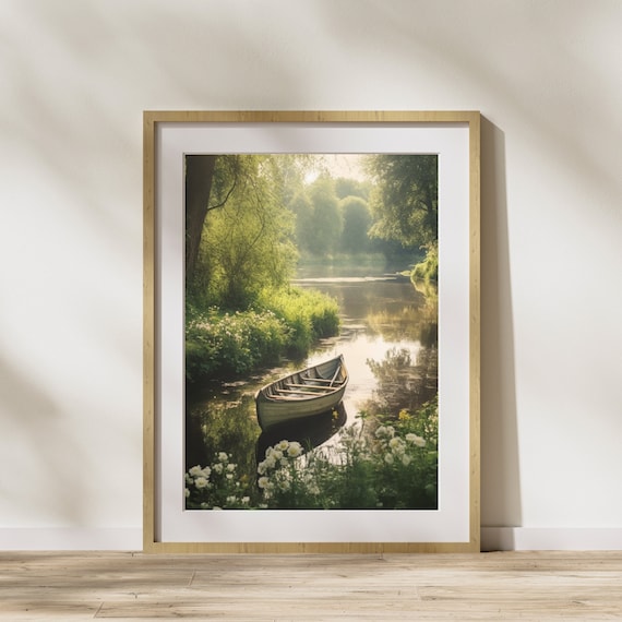 Peaceful Wooden Rowboat On Green Forest River Morning Sunrise Poster