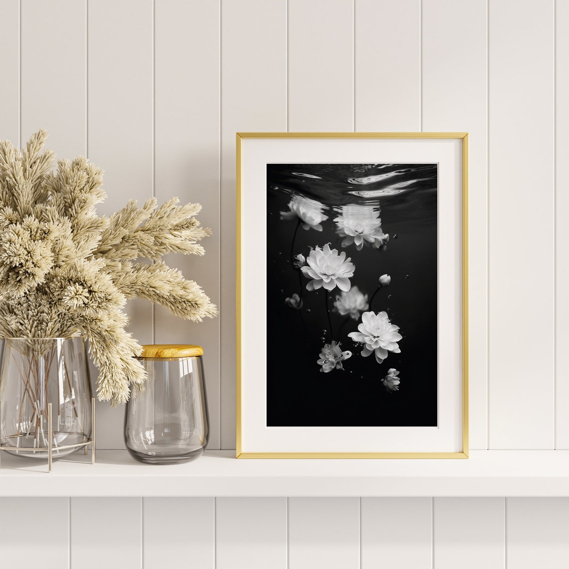 Black And White Underwater Floating Flowers Art Photography Poster - Image 4