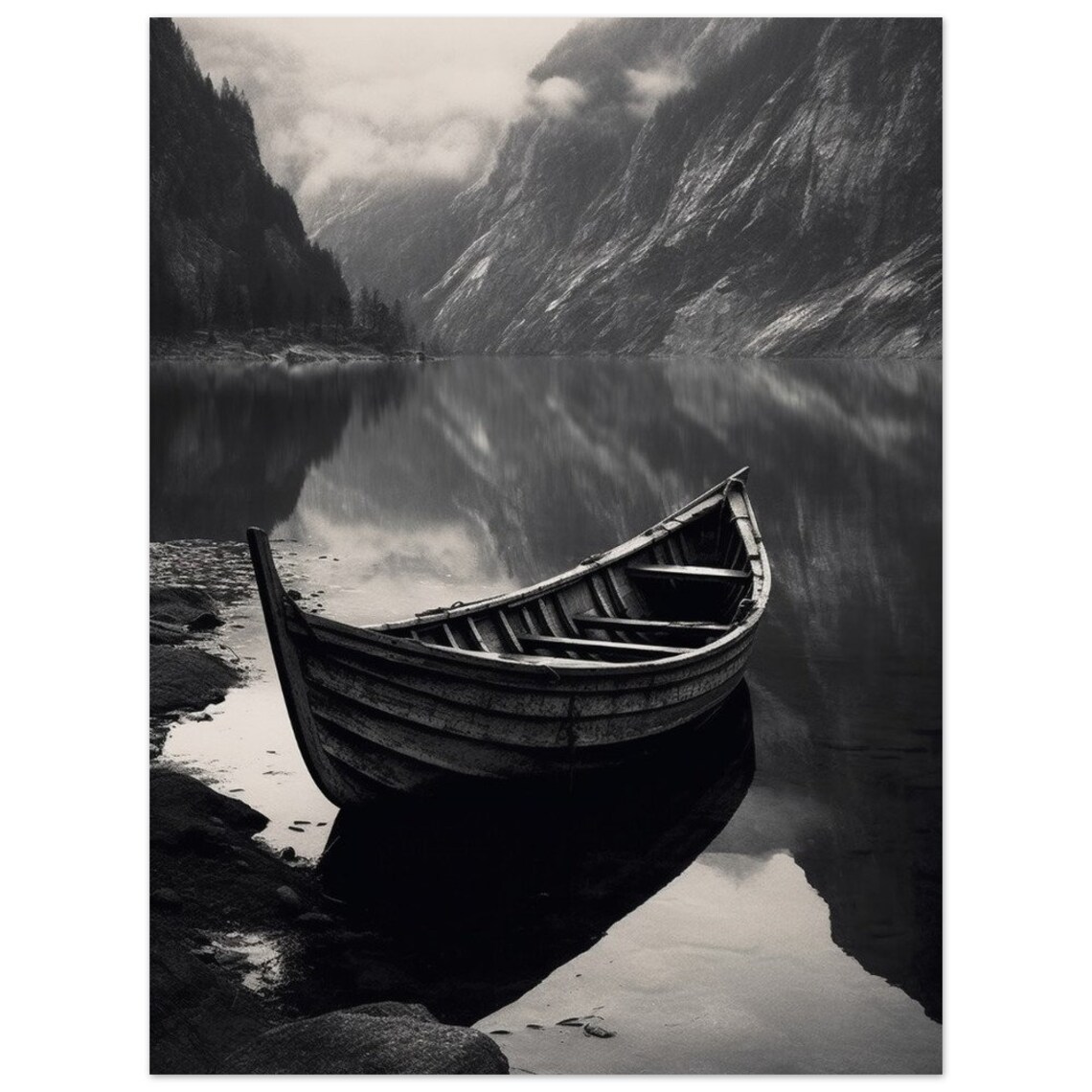 Old Wooden Rowboat Black White Misty Mountain Lake Art Poster - Image 2