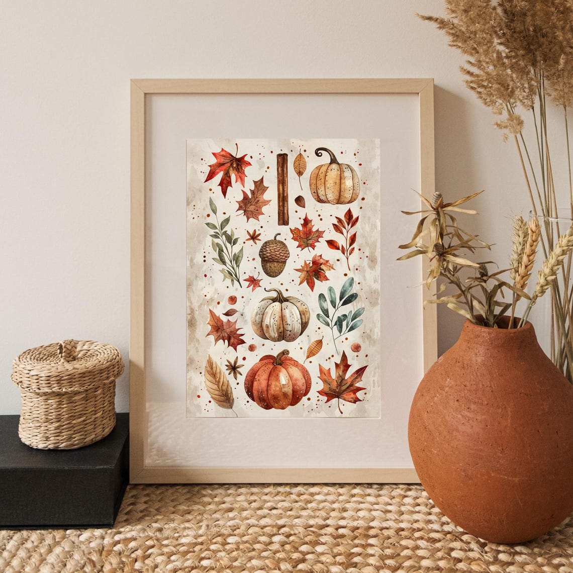 Autumn Leaves Pumpkins And Acorns Watercolour Fall Pattern Poster - Image 3