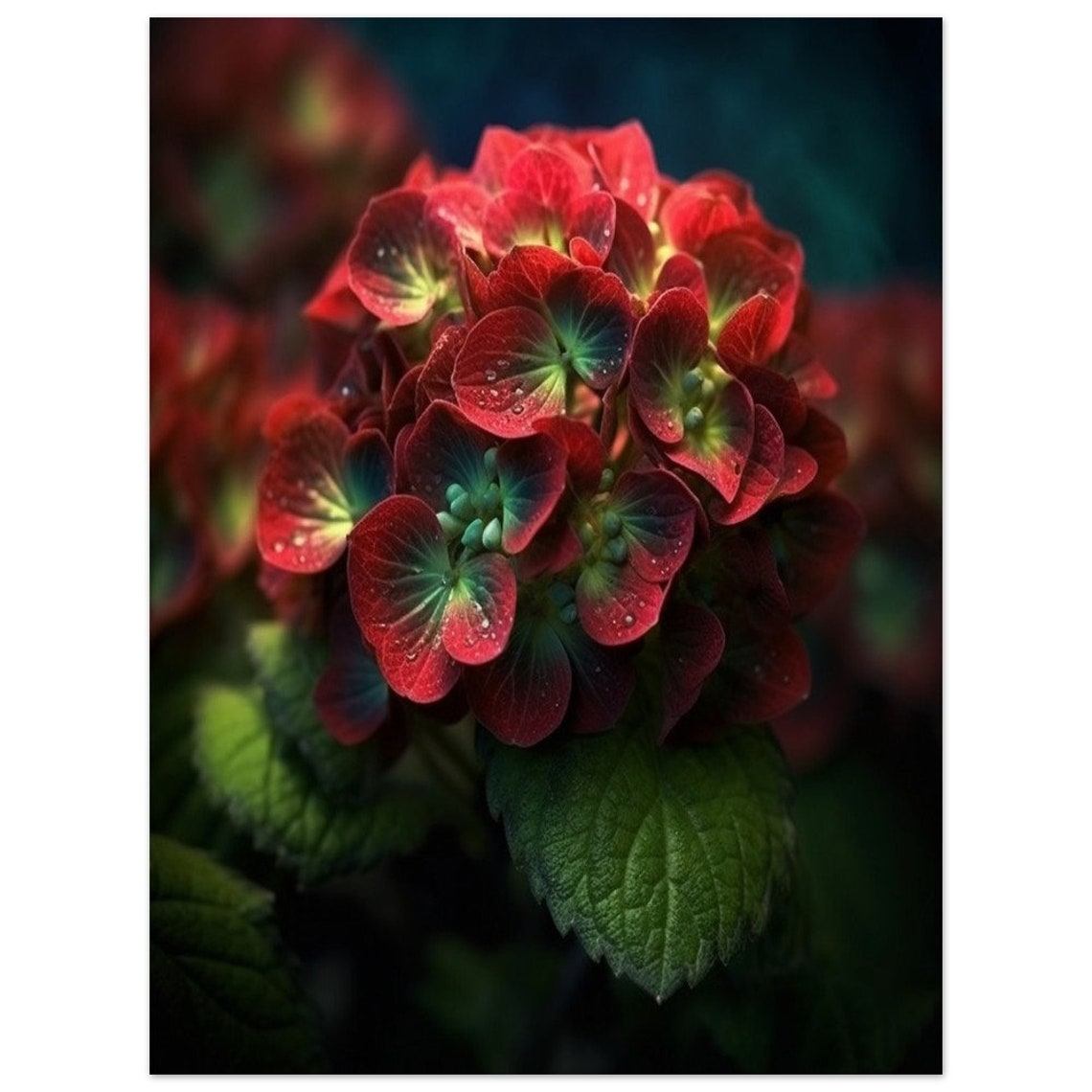 Red Hydrangea Macro Dew Drops Dramatic Botanical Photography Poster - Image 2