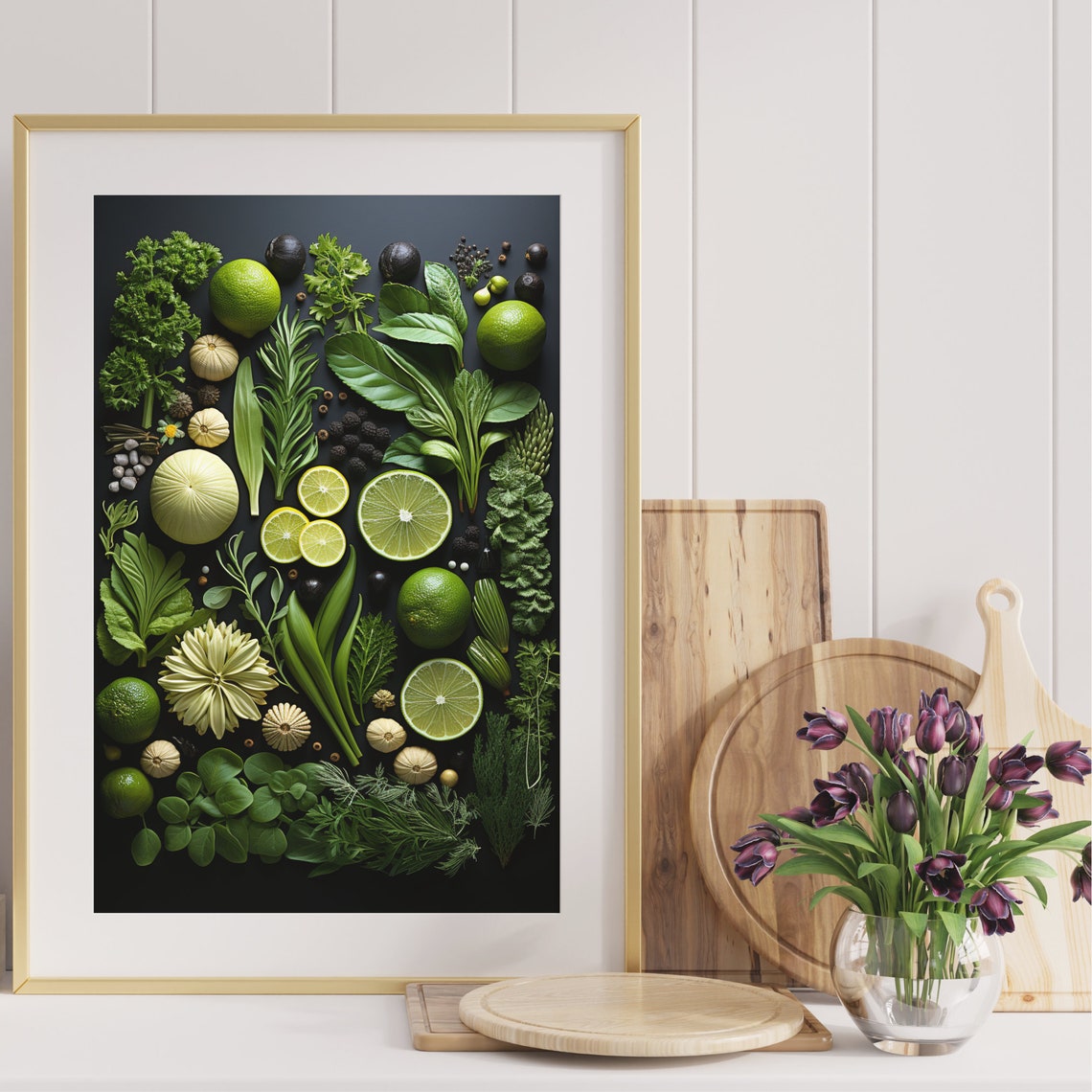 Green Vegetables Herbs Flat Lay Dark Background Kitchen Poster - Image 4