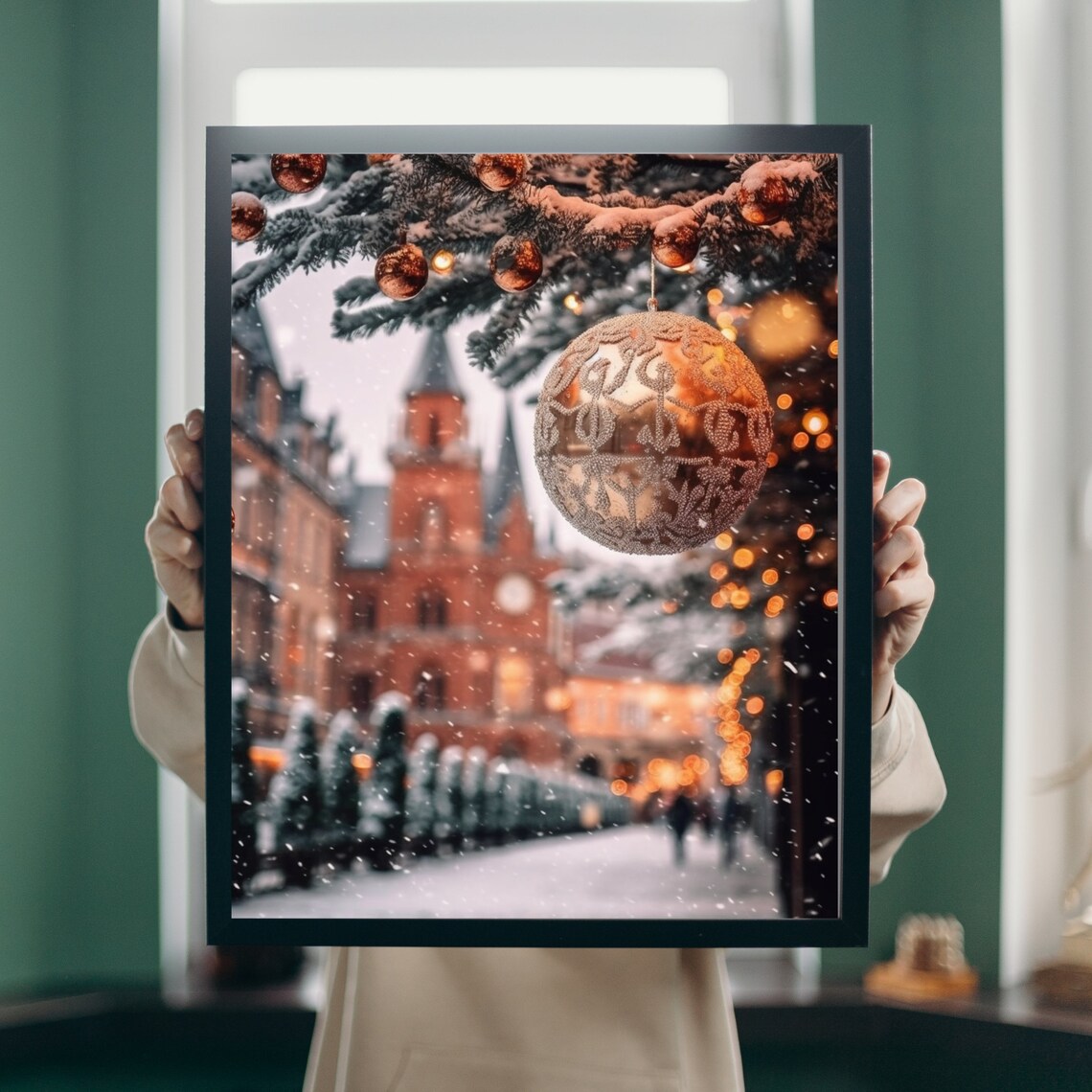 Snowy Christmas Town Street Clock Tower Gold Ornament Winter Poster
