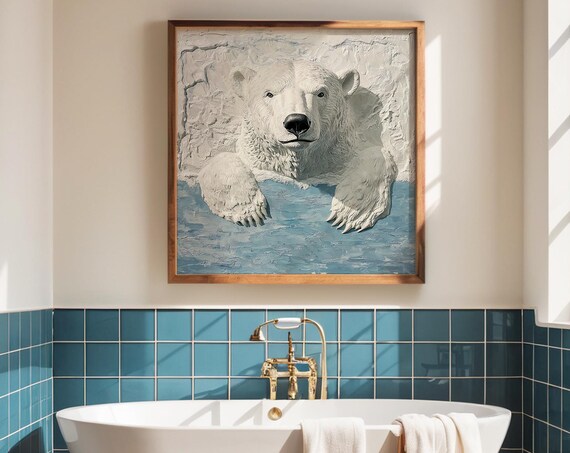 3D Textured Polar Bear Emerging From Icy Blue Arctic Water Poster